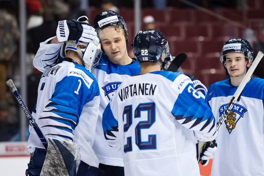 Goaltender Ukko-Pekka Luukkonen and Otto Latvala of Finland