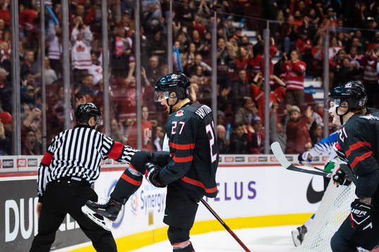 Barrett Hayton of Canada celebrates