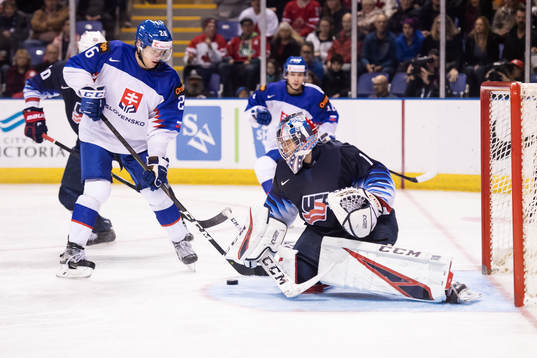 Milos Roman of Slovakia attacks in front of goaltender Kyle