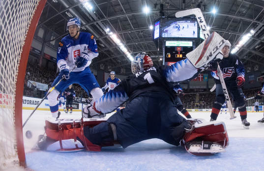 Team U.S.A. goaltender Kyle Keyser stops a shot from