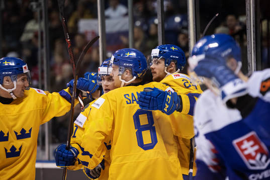 Lucas Elvenes (R) of Sweden celebrates with teammates