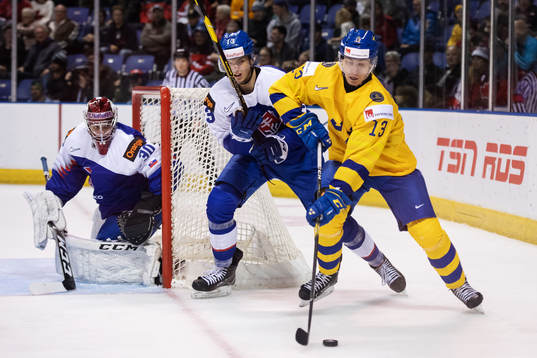 Goaltender Juraj Sklenar and Adam Liska of Slovakia in