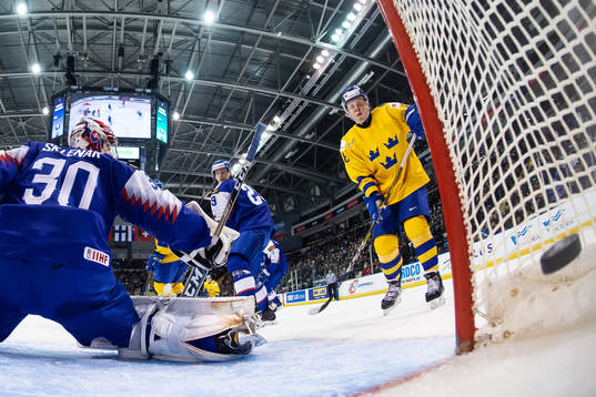 Fabian Zetterlund of Sweden sees the puck shot by Erik