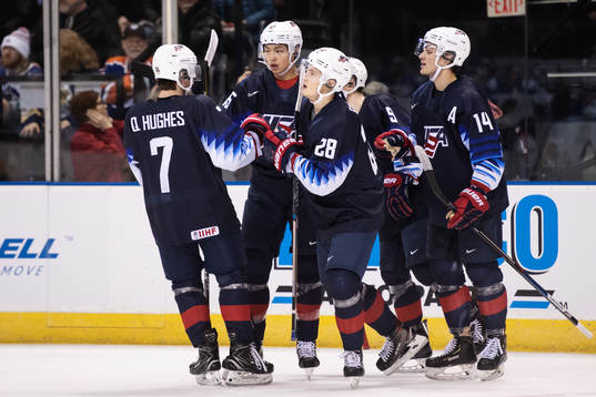 Joel Farebee (C) of USA celebrates with teammates