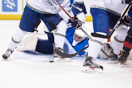 Goaltender Demid Yeremeyev of Kazakhstan