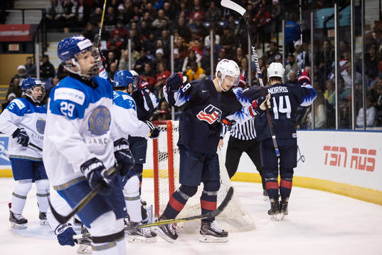 Joel Farebee (C) of USA celebrates