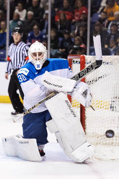 Goaltender Demid Yeremeyev of Kazakhstan