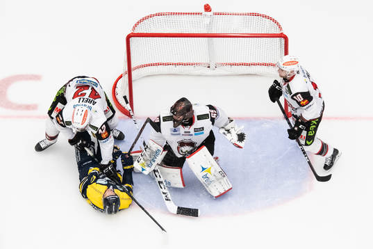 Malmö Redhawks Niklas Arell, målvakt Oscar Alsenfelt och