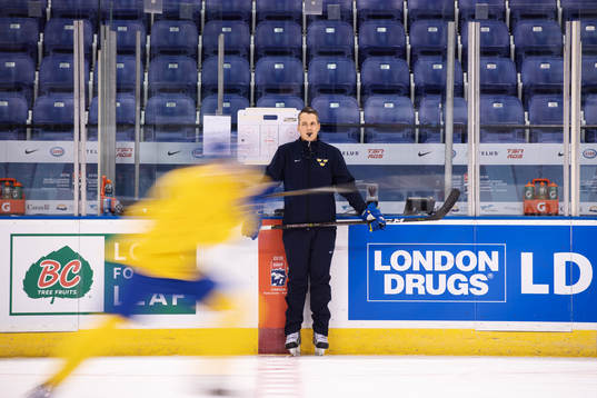Head coach Tomas Montén of team Sweden at a morning skate