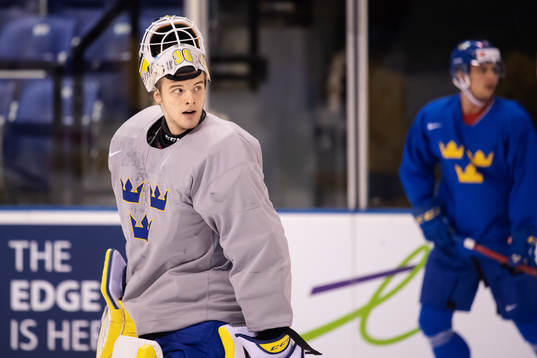 Goaltender Samuel Ersson of team Sweden at a morning skate