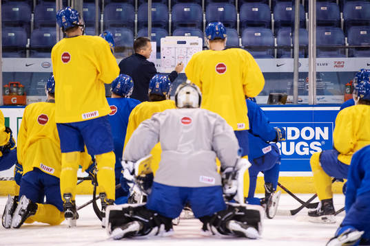 Head coach Tomas Montén of team Sweden at a morning skate