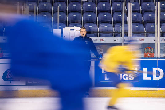 Head coach Tomas Montén of team Sweden at a morning skate