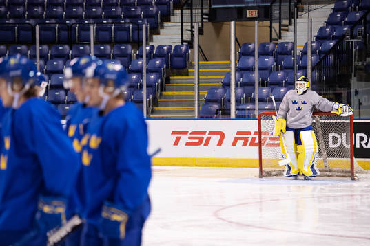 Goaltender Samuel Ersson of team Sweden at a morning skate