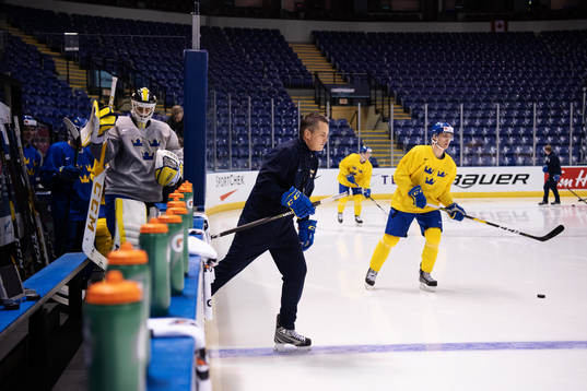 Head coach Tomas Montén of team Sweden at a morning skate