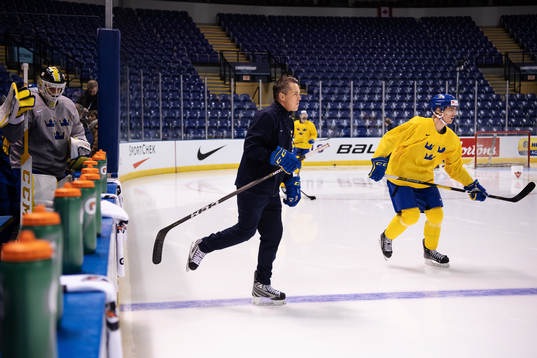 Head coach Tomas Montén of team Sweden at a morning skate