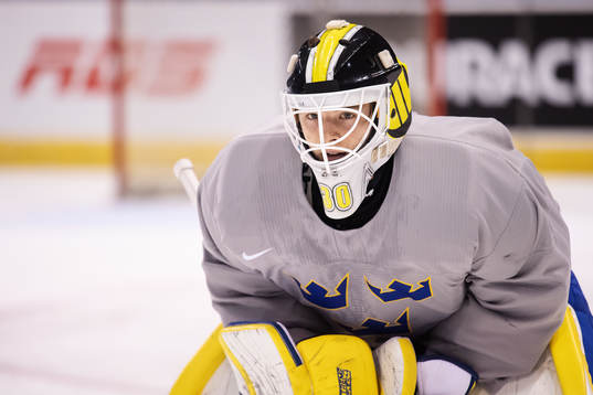 Goaltender Samuel Ersson of team Sweden at a morning skate