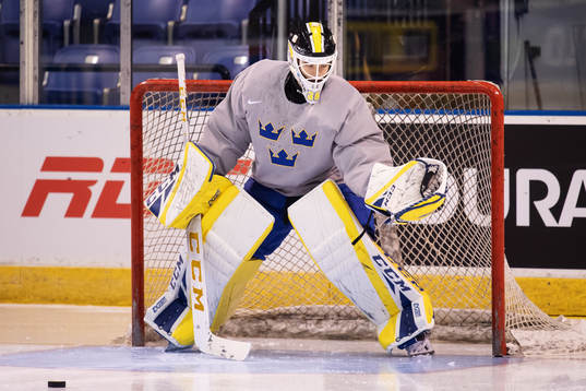 Goaltender Samuel Ersson of team Sweden at a morning skate