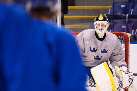 Goaltender Samuel Ersson of team Sweden at a morning skate