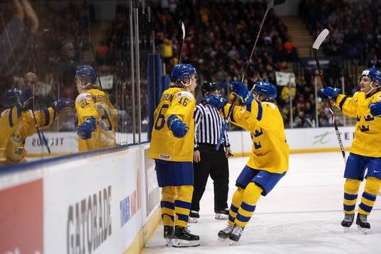 Filip Westerlund of Sweden celebrates with teammates