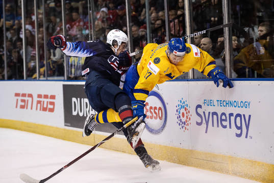 Phil Kemp of USA collides with Filip Sveningsson of Sweden