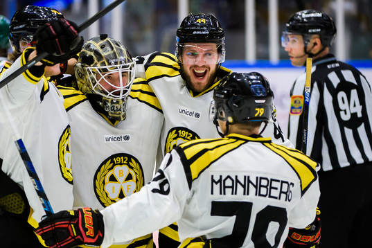 Brynäs målvakt David Rautio och Jacob Blomqvist jublar