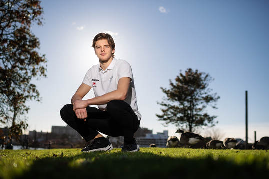 Goaltender Samuel Ersson of team Sweden poses for a