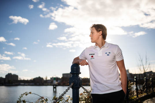 Adam Boqvist of team Sweden poses for a portrait at a press