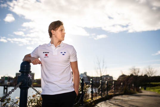 Adam Boqvist of team Sweden poses for a portrait at a press