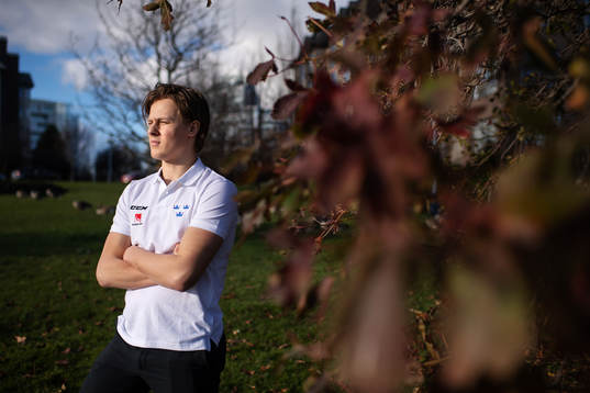 Adam Boqvist of team Sweden poses for a portrait at a press