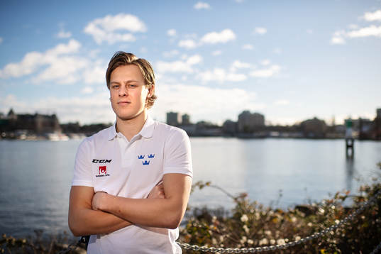 Adam Boqvist of team Sweden poses for a portrait at a press