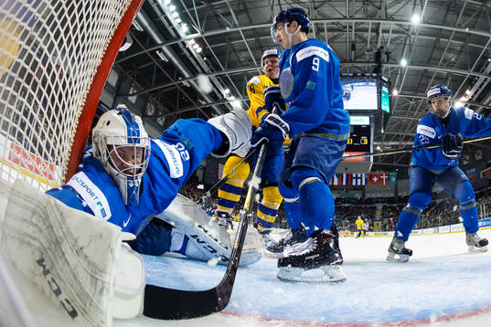 Goaltender Denis Karatayev, Valeri Orekhov and Maxim