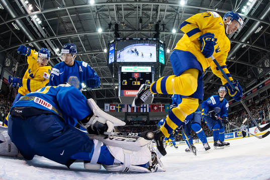 Filip Hållander and David Gustafsson of Sweden attacks in