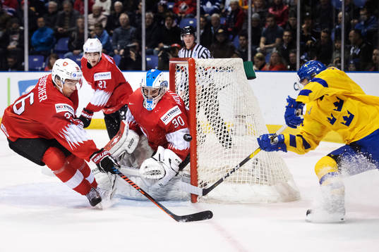 David Aebischer and goaltender Luca Hollenstein of