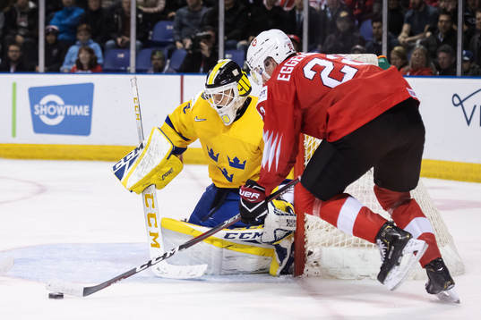 Goaltender Samuel Ersson of Sweden and Nando Eggenberger of