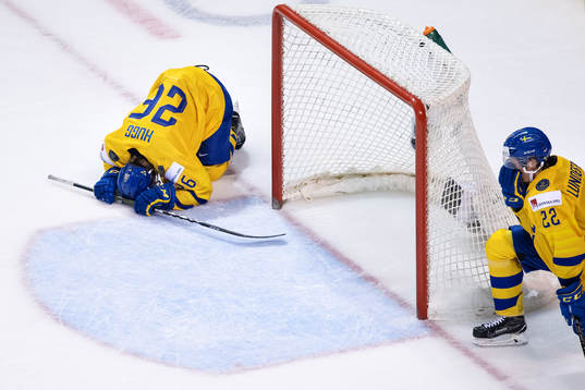 Rickard Hugg and Isac Lundeström of Sweden look dejected