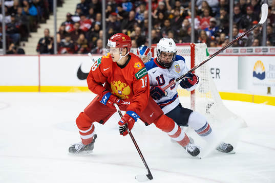 Nikita Shashkov of Russia and Jack Hughes of USA