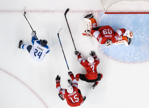 Kaapo Kakko of Finland in action against Matthew Verboon,