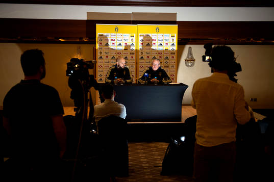 Head coach Janne Andersson of Sweden and press manager