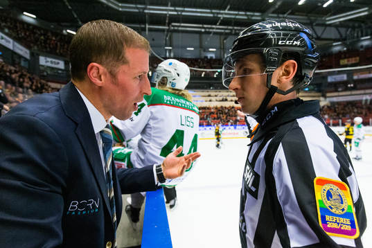 Rögles tränare Cam Abbott talar med domare Stefan