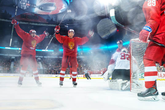 Alexander Romanov and Artyom Galimov of Russia celebrate