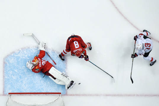 Goaltender Pyotr Kochetkov of Russia makes a save