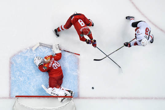 Goaltender Pyotr Kochetkov of Russia makes a save