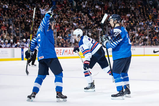 Valtteri Puustinen and Jesse Ylönen of Finland celebrate