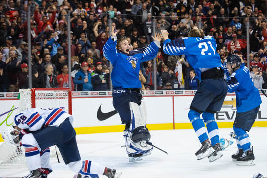 Goaltender Ukko-Pekka Luukkonen of Finland celebrates the