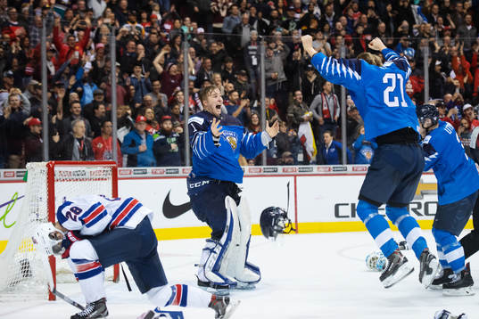 Goaltender Ukko-Pekka Luukkonen of Finland celebrates the