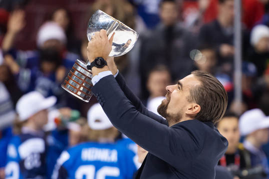 Head coach Jussi Ahokas of Finland celebrates with the