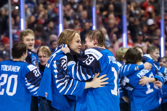 Anttoni Honka and Valtteri Puustinen of Finland celebrate