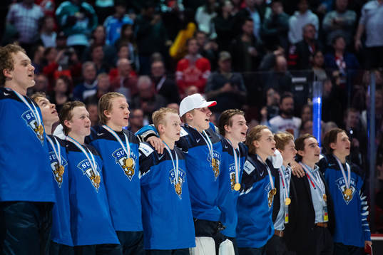 Goaltender Ukko-Pekka Luukkonen of Finland sings the