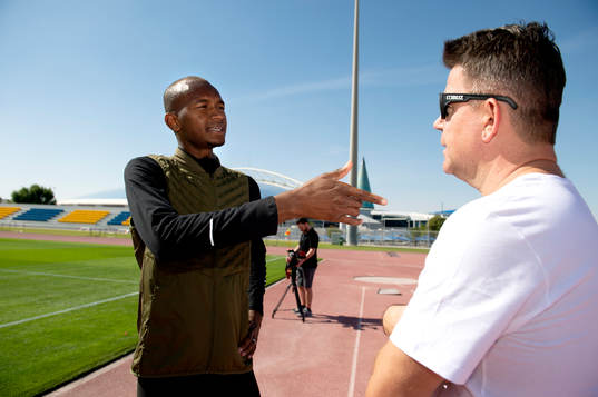 Qatar high jumper Mutaz Essa Barshim talks to journalist