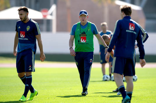Sweden's head coach Janne Andersson and Muamer Tankovic